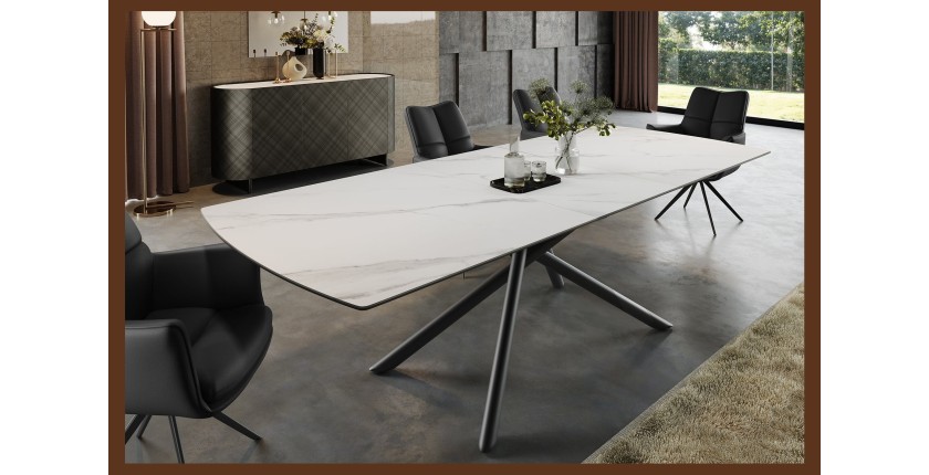 Table de salle à manger OPHIRA – Extensible 180 à 230 cm – Effet marbre blanc – Pieds métal – Style contemporain
