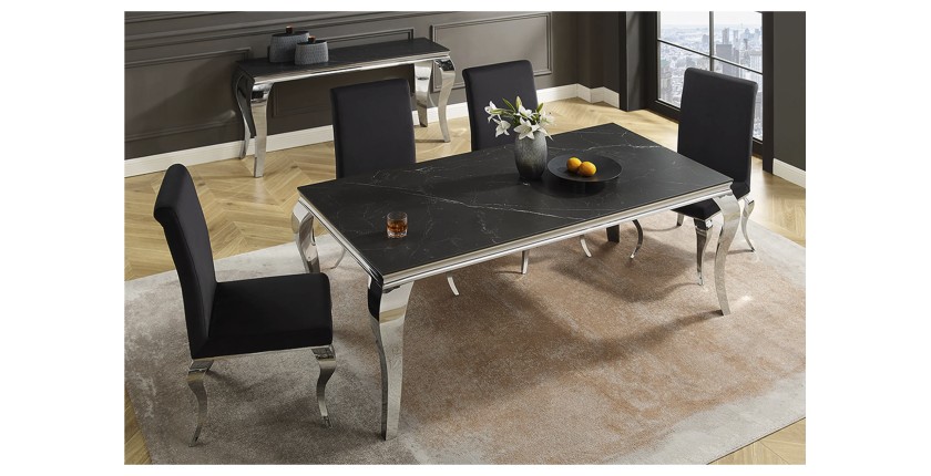 Table VELENA – Rectangulaire 180 cm – Plateau pierre frittée et acier chromé – Style baroque