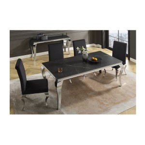 Table VELENA – Rectangulaire 180 cm – Plateau pierre frittée et acier chromé – Style baroque