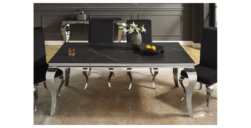 Table VELENA – Rectangulaire 180 cm – Plateau pierre frittée et acier chromé – Style baroque