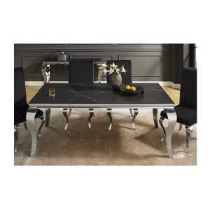 Table VELENA – Rectangulaire 180 cm – Plateau pierre frittée et acier chromé – Style baroque