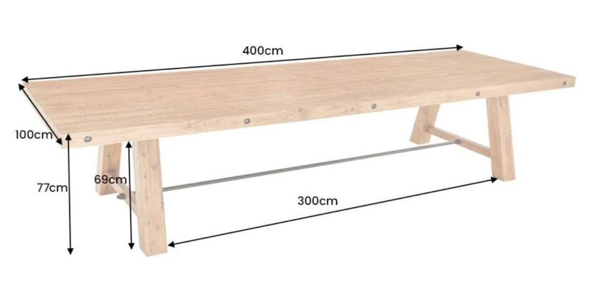 Grande table RANCHO – Rectangulaire 400 cm – Bois massif de pin recyclé et métal – Style rustique