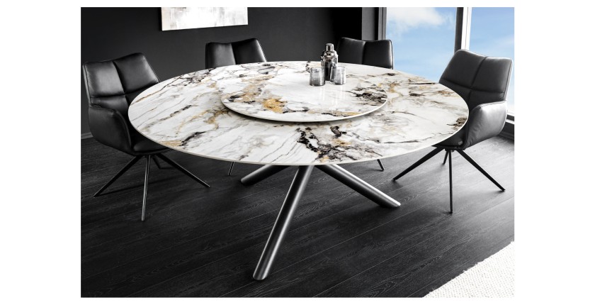 Table AXYA – Ronde 150 cm – Plateau en céramique et verre trempé effet marbre blanc avec plateau supérieur tournant