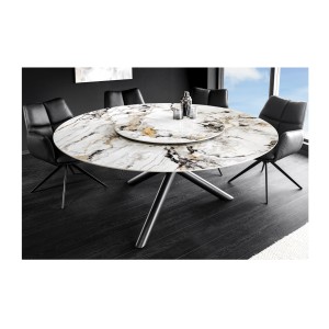 Table AXYA – Ronde 150 cm – Plateau en céramique et verre trempé effet marbre blanc avec plateau supérieur tournant