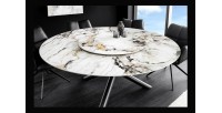 Table AXYA – Ronde 150 cm – Plateau en céramique et verre trempé effet marbre blanc avec plateau supérieur tournant