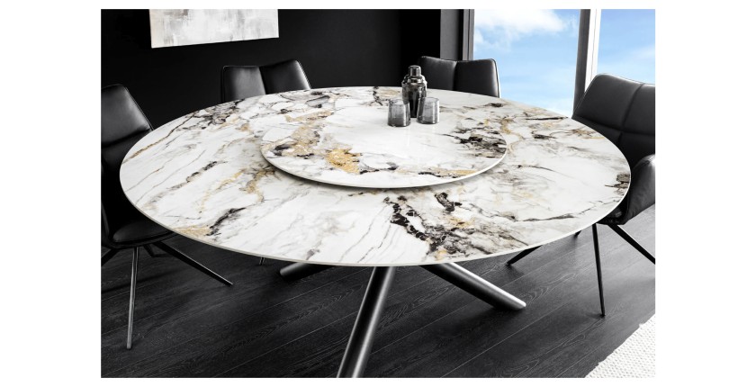 Table AXYA – Ronde 150 cm – Plateau en céramique et verre trempé effet marbre blanc avec plateau supérieur tournant