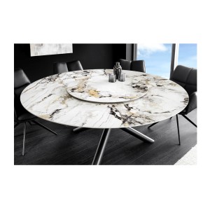 Table AXYA – Ronde 150 cm – Plateau en céramique et verre trempé effet marbre blanc avec plateau supérieur tournant