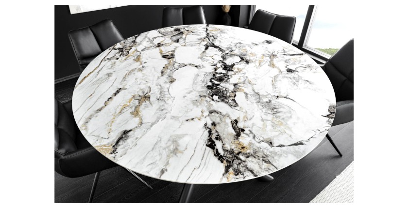 Table AXYA – Ronde 150 cm – Plateau en céramique et verre trempé effet marbre blanc avec plateau supérieur tournant