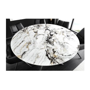 Table AXYA – Ronde 150 cm – Plateau en céramique et verre trempé effet marbre blanc avec plateau supérieur tournant