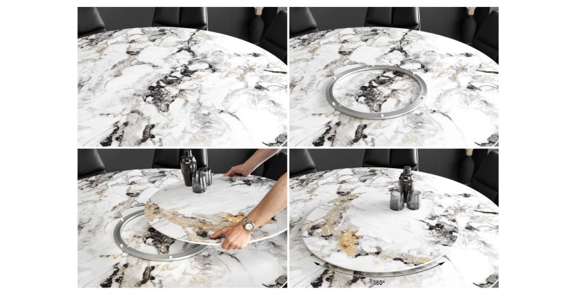 Table AXYA – Ronde 150 cm – Plateau en céramique et verre trempé effet marbre blanc avec plateau supérieur tournant