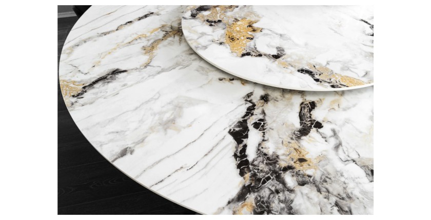 Table AXYA – Ronde 150 cm – Plateau en céramique et verre trempé effet marbre blanc avec plateau supérieur tournant