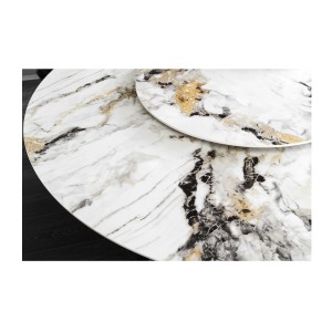 Table AXYA – Ronde 150 cm – Plateau en céramique et verre trempé effet marbre blanc avec plateau supérieur tournant