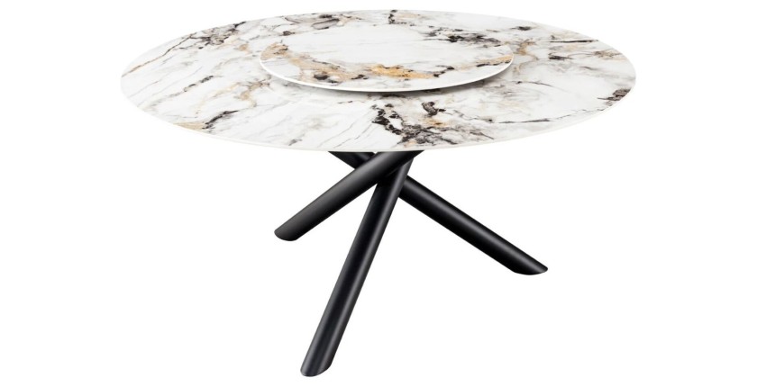Table AXYA – Ronde 150 cm – Plateau en céramique et verre trempé effet marbre blanc avec plateau supérieur tournant