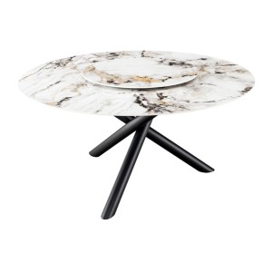 Table AXYA – Ronde 150 cm – Plateau en céramique et verre trempé effet marbre blanc avec plateau supérieur tournant