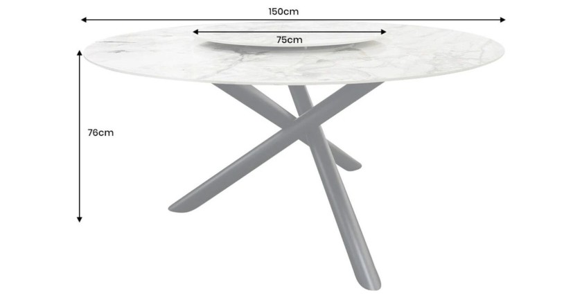 Table AXYA – Ronde 150 cm – Plateau en céramique et verre trempé effet marbre blanc avec plateau supérieur tournant