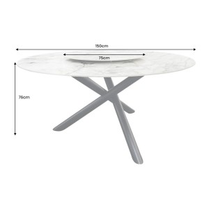 Table AXYA – Ronde 150 cm – Plateau en céramique et verre trempé effet marbre blanc avec plateau supérieur tournant