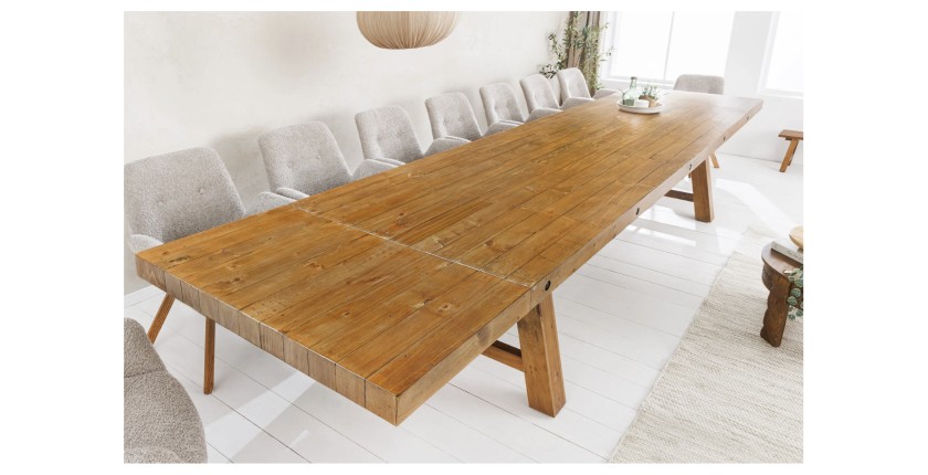 Table de salle à manger RANCHO – Extensible jusqu’à 400 cm – Bois pin vernis et métal – Style rustique