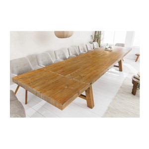Table de salle à manger RANCHO – Extensible jusqu’à 400 cm – Bois pin vernis et métal – Style rustique