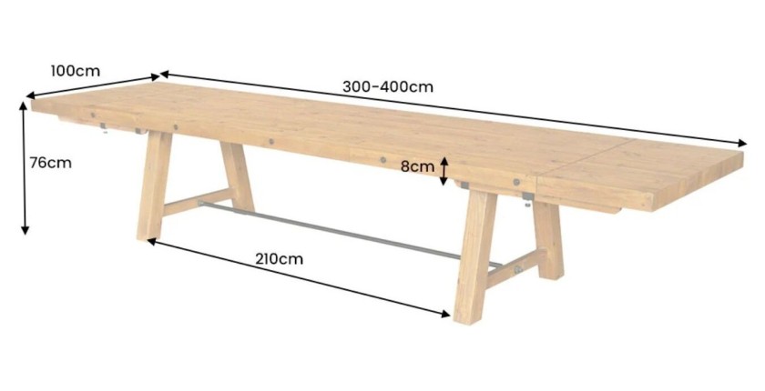 Table de salle à manger RANCHO – Extensible jusqu’à 400 cm – Bois pin vernis et métal – Style rustique