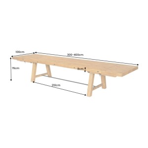 Table de salle à manger RANCHO – Extensible jusqu’à 400 cm – Bois pin vernis et métal – Style rustique