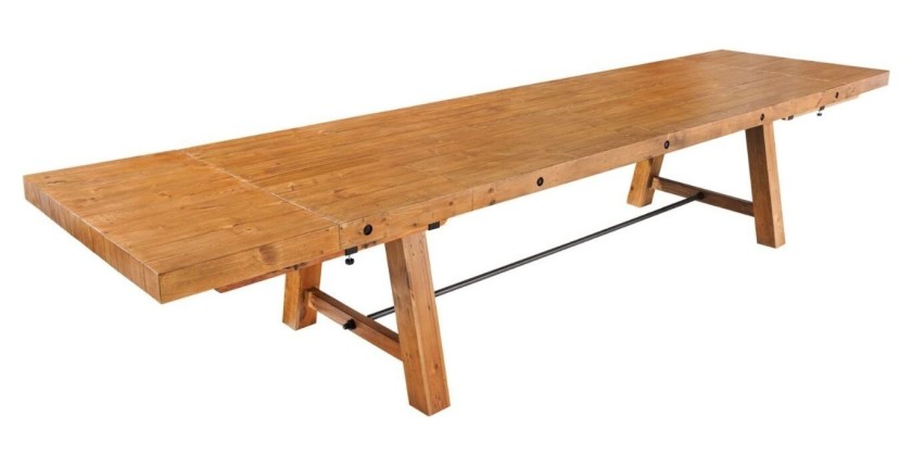 Table de salle à manger RANCHO – Extensible jusqu’à 400 cm – Bois pin vernis et métal – Style rustique