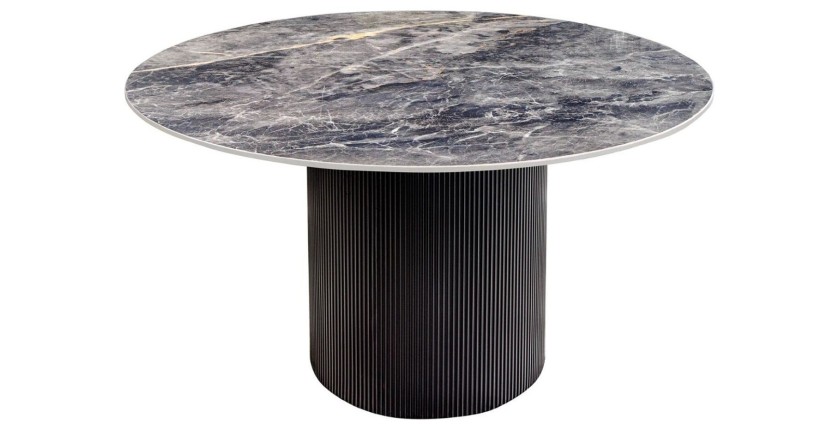 Table de salle à manger LUMEA – Ronde 120 cm – Effet marbre gris foncé – Pied central large – Style contemporain