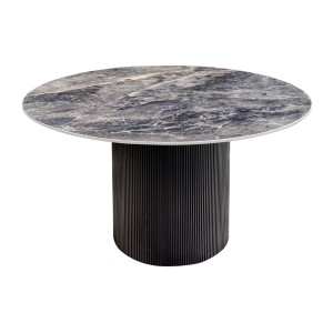 Table de salle à manger LUMEA – Ronde 120 cm – Effet marbre gris foncé – Pied central large – Style contemporain