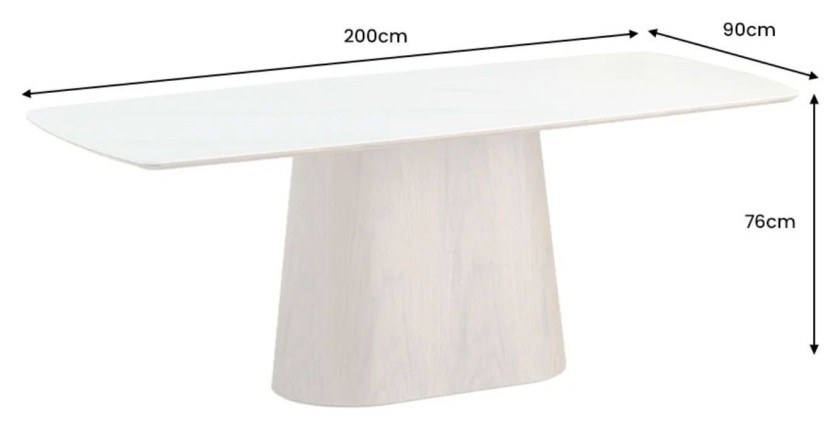 Table rectangulaire LUMEA – 200 cm – Plateau céramique effet marbre blanc et pied en bois foncé – Style contemporain