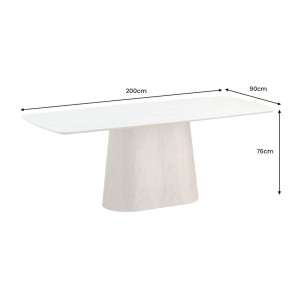 Table rectangulaire LUMEA – 200 cm – Plateau céramique effet marbre blanc et pied en bois foncé – Style contemporain