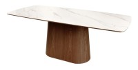 Table rectangulaire LUMEA – 200 cm – Plateau céramique effet marbre blanc et pied en bois foncé – Style contemporain