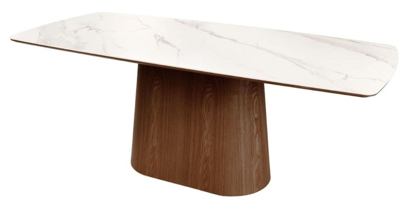 Table rectangulaire LUMEA – 200 cm – Plateau céramique effet marbre blanc et pied en bois foncé – Style contemporain
