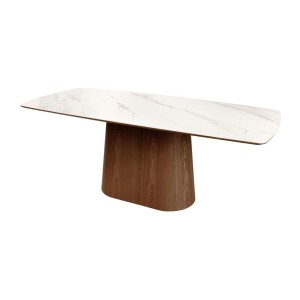 Table rectangulaire LUMEA – 200 cm – Plateau céramique effet marbre blanc et pied en bois foncé – Style contemporain