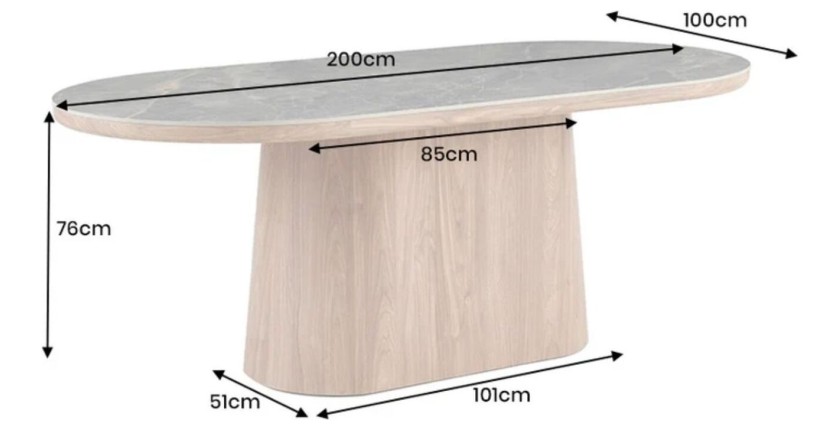 Table de salle à manger LUMEA – Ovale 200 cm – Effet marbre gris – Pied large bois – Style contemporain