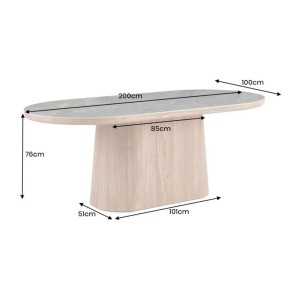 Table de salle à manger LUMEA – Ovale 200 cm – Effet marbre gris – Pied large bois – Style contemporain