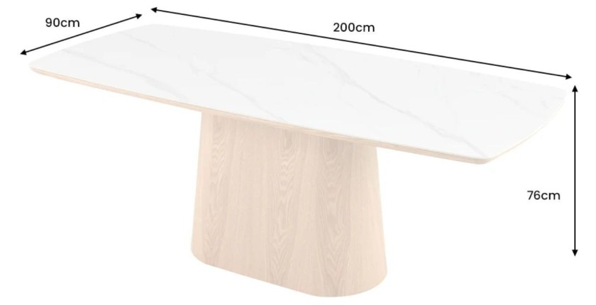 Table de salle à manger LUMEA – Rectangulaire 200 cm – Plateau céramique effet marbre blanc et pied aspect bois clair – Style co