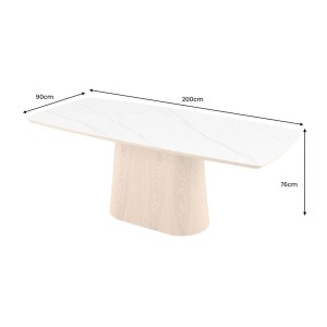 Table de salle à manger LUMEA – Rectangulaire 200 cm – Plateau céramique effet marbre blanc et pied aspect bois clair – Style co