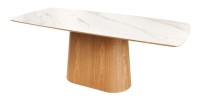 Table de salle à manger LUMEA – Rectangulaire 200 cm – Plateau céramique effet marbre blanc et pied aspect bois clair – Style co