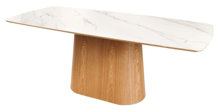 Table de salle à manger LUMEA – Rectangulaire 200 cm – Plateau céramique effet marbre blanc et pied aspect bois clair – Style co