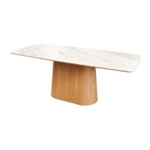 Table de salle à manger LUMEA – Rectangulaire 200 cm – Plateau céramique effet marbre blanc et pied aspect bois clair – Style co