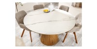 Table de salle à manger LUMEA – Ronde 120 cm – Plateau céramique effet marbre blanc et pied en noyer – Style contemporain