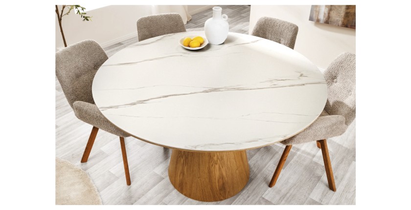Table de salle à manger LUMEA – Ronde 120 cm – Plateau céramique effet marbre blanc et pied en noyer – Style contemporain
