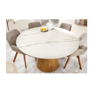 Table de salle à manger LUMEA – Ronde 120 cm – Plateau céramique effet marbre blanc et pied en noyer – Style contemporain