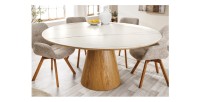 Table de salle à manger LUMEA – Ronde 120 cm – Plateau céramique effet marbre blanc et pied en noyer – Style contemporain