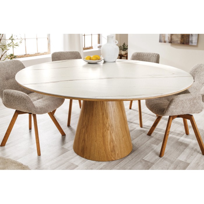 Table de salle à manger LUMEA – Ronde 120 cm – Plateau céramique effet marbre blanc – Style contemporain