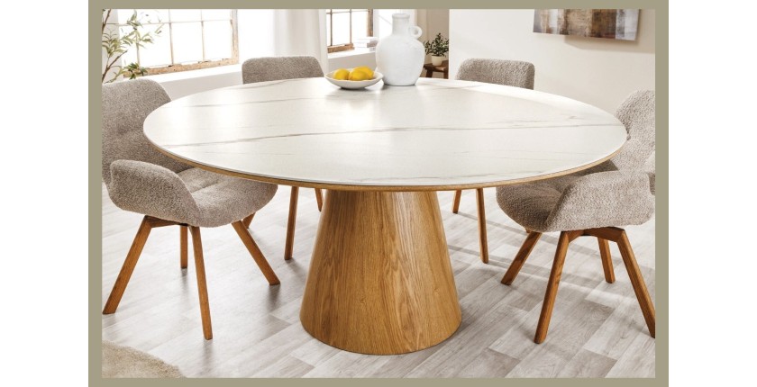 Table de salle à manger LUMEA – Ronde 120 cm – Plateau céramique effet marbre blanc et pied en noyer – Style contemporain