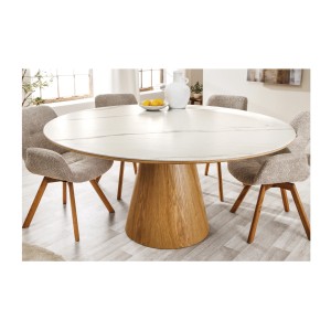 Table de salle à manger LUMEA – Ronde 120 cm – Plateau céramique effet marbre blanc et pied en noyer – Style contemporain
