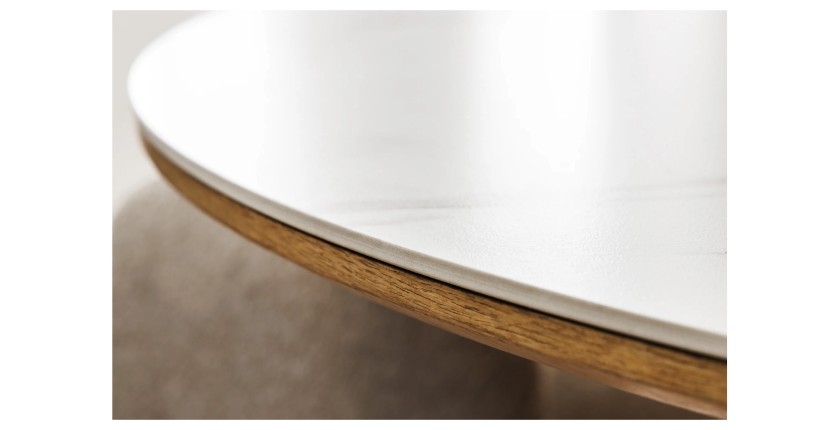 Table de salle à manger LUMEA – Ronde 120 cm – Plateau céramique effet marbre blanc et pied en noyer – Style contemporain
