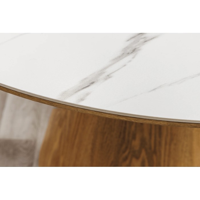 Eettafel LUMEA - Rond 120 cm - Keramisch tafelblad met wit marmer effect en walnoothouten voet - Hedendaagse stijl
