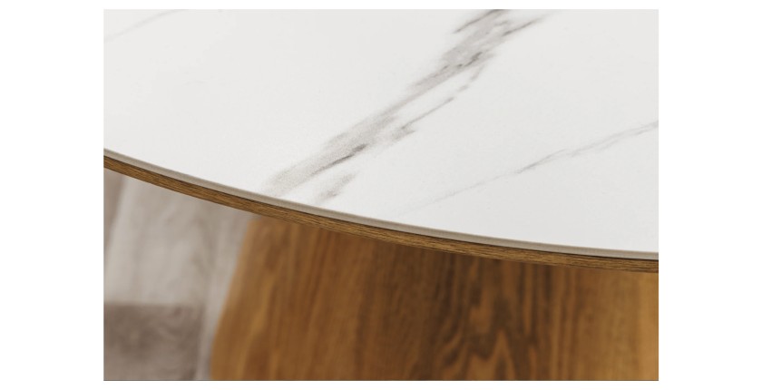Table de salle à manger LUMEA – Ronde 120 cm – Plateau céramique effet marbre blanc et pied en noyer – Style contemporain