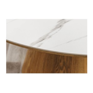 Table de salle à manger LUMEA – Ronde 120 cm – Plateau céramique effet marbre blanc et pied en noyer – Style contemporain